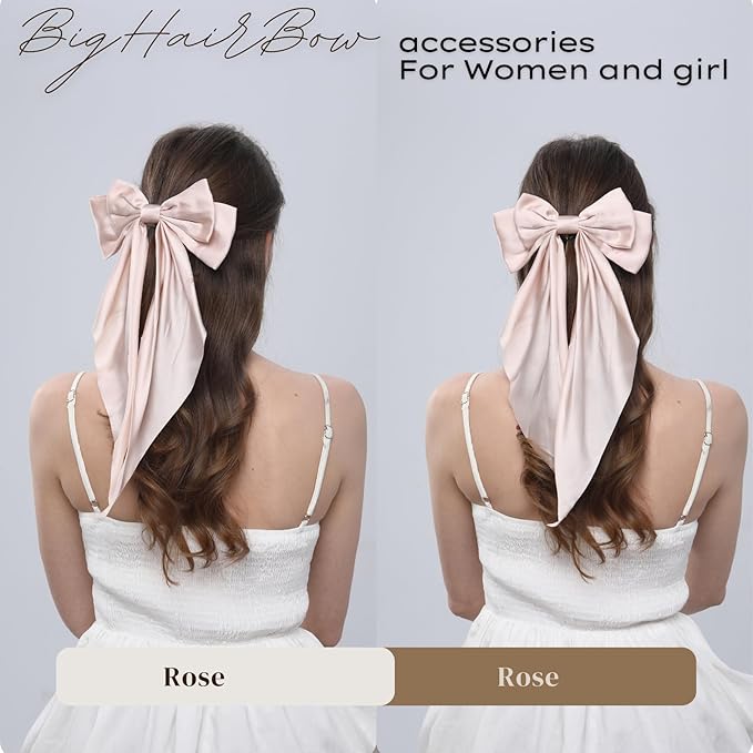 2PCS Big Hair Bow Clips for Women Girls Ã¢ÂÂ Rose Satin Ribbon Bow Barrettes with Long Tails, Large Romantic Hair Accessories for Ponytail, Wedding & Gift