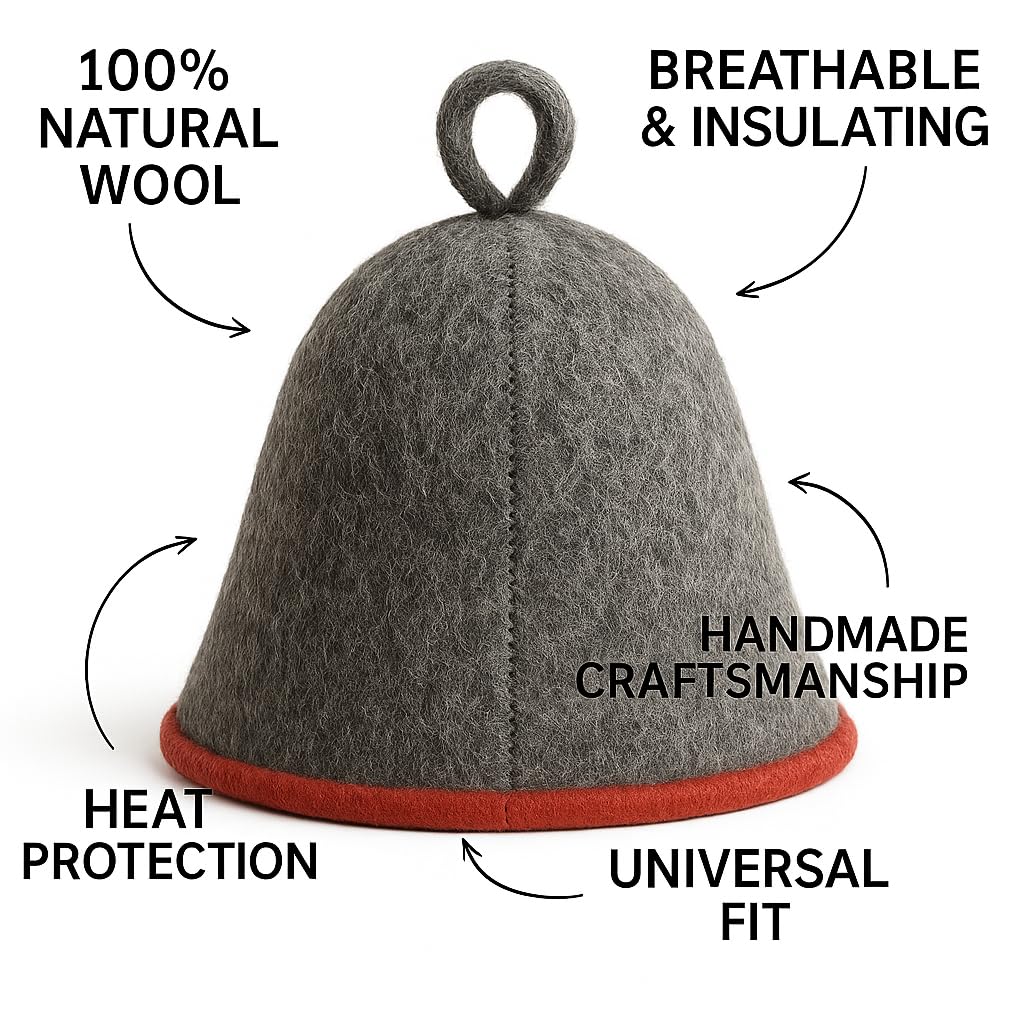 Premium Sauna Hat – 100% Natural Wool, Handmade Sauna Headwear for Men and Women – Eco-Friendly, Breathable, Insulating Hat for Sauna, Steam Room, Banya, and Bathhouse – One Size Fits All, Grey-Red