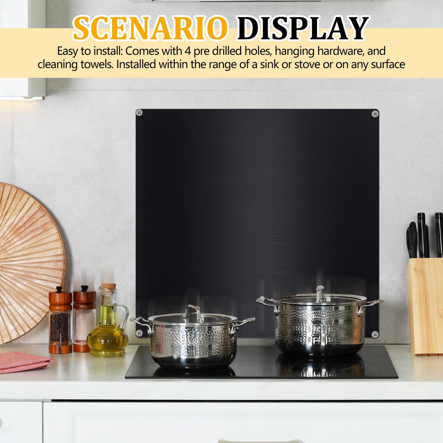 Yaocom Stainless Steel Backsplash Range Hood Stove Backsplash Back Stainless Steel Sheet for Kitchen Wall Splatter Metal Wall Panels with Screws and Hanging Towel(Black,30×30 Inch)