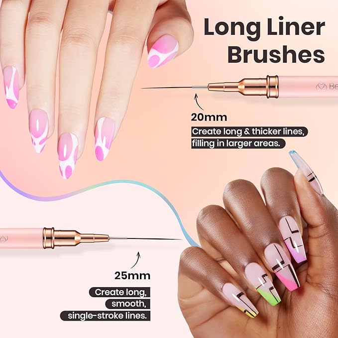 Beetles Gel Polish Nail Art Pens, 5pcs Nail Art Brushes Liner Brushes for Nails Pink Liner Sizes 5/9/15/20/25mm with Palette Holder Painting Manicure Design Tools for Long Lines, Details, Fine Drawing