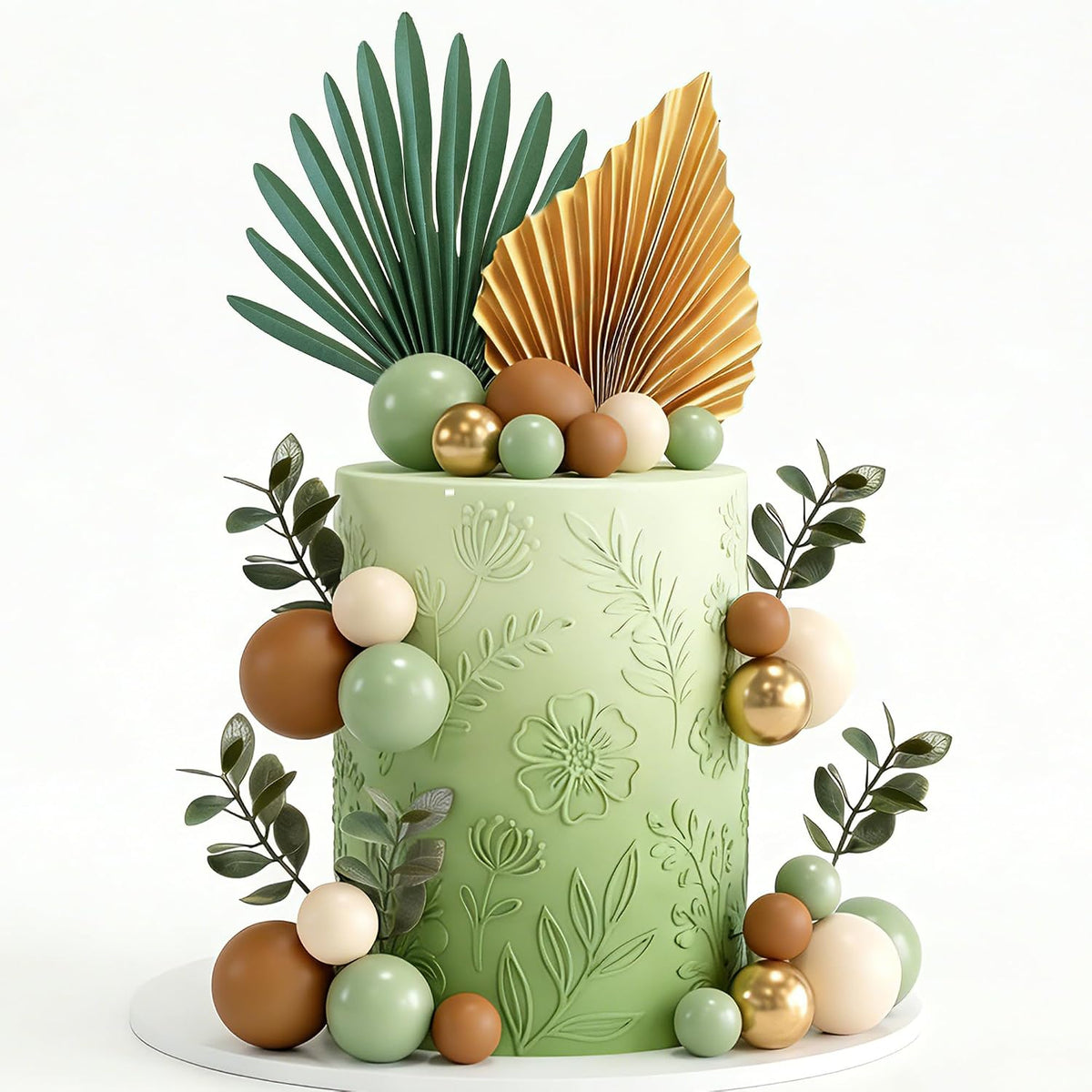 38 PCS Balls Cake Toppers Palm Leaves Cake Decorations for Birthday Wedding Baby Shower Party Supplies Mother's Day （Sage Green）