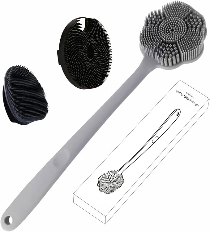 Back Body Scrubber & Face Scrubber for Shower - 15 Inch Long Handle Double Sided Silicone Body Brush for Exfoliation & Massage, Soft Facial Cleansing Brush, Rich Lathering for Deep Cleansing (Gray)