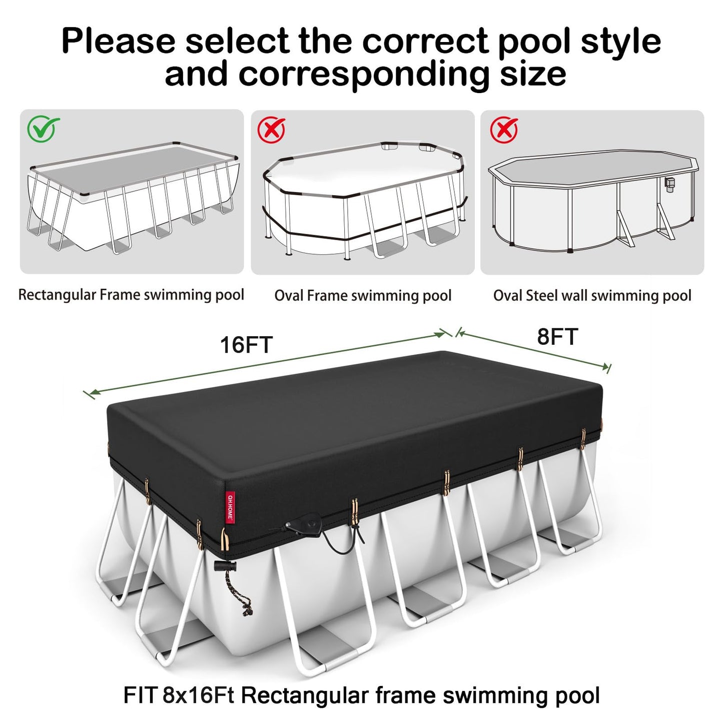 QH.HOME 8x16ft Rectangular Pool Cover,[Ultimate Windproof & Tear-Resistant Fabric],Snug Fit with Patented Ratchet & Weight Rings,Solar Pool Cover for Above Ground Pools, Blocks Leaves &Waterproof