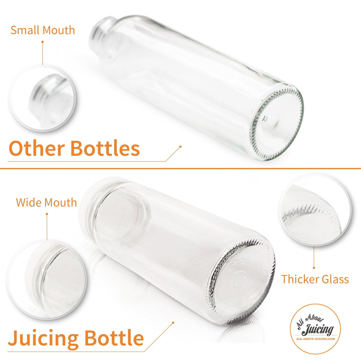 16oz Glass Juice Bottles with Lids - 6 Pack Wide Mouth Glass Water Bottles for Juices, Smoothies, Beverage Storage - Durable, Reusable, Dishwasher Safe, Glass Bottles for Juicing (White Caps)