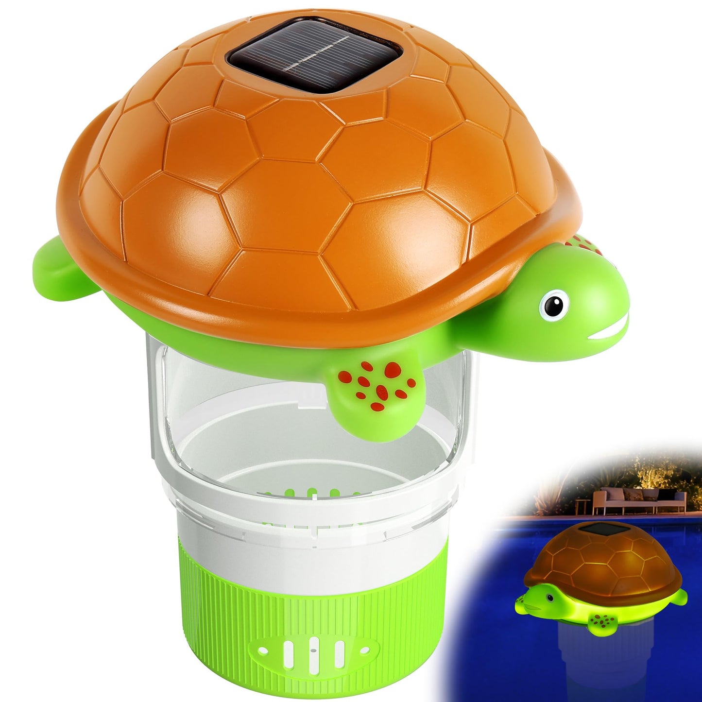 Chsuiwe Pool Chlorine Floater with Light, Turtle Solar Chlorines Floaters with Adjustable Release, Chlorine Floater for 4 * 3'' Disks, Easy Opening Floating Pool chlorines Dispenser for Swimming Pool