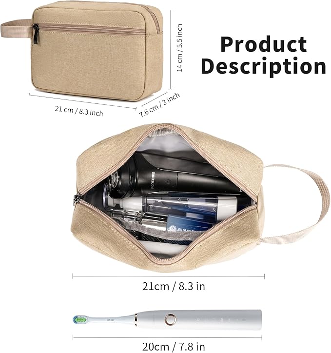 Travel Hanging Toiletry Bag with Carry Handle - Water-Resistant Small Cosmetic Organizer for Men & Women, Makeup, Shaving Kit, Gym & Travel Essentials (Khaki)
