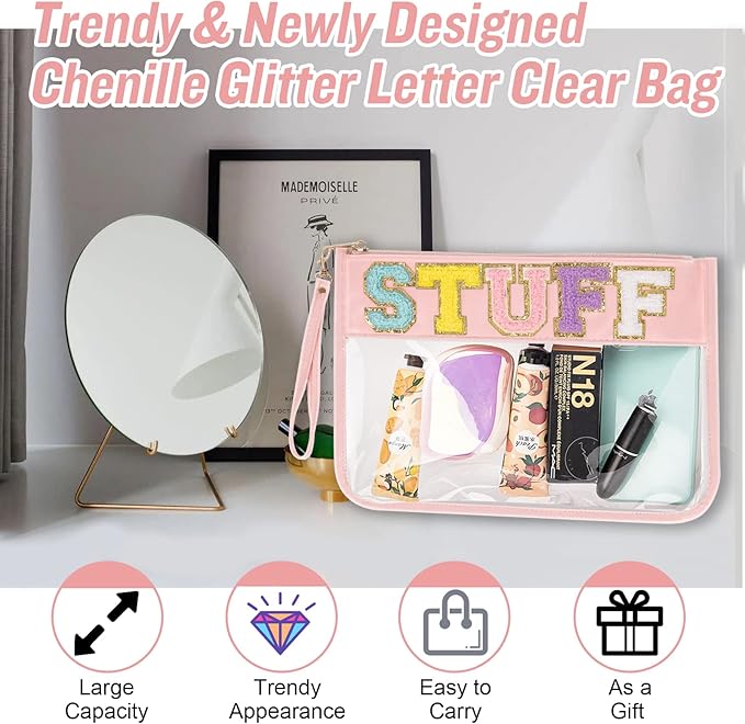 Izuzta Chenille Letter Clear Bag Stuff Purse, Monogram PVC & PU Zipper Pouch With Wristlet, Waterproof Portable Glitter Snacks Makeup Beach Toiletry Bag for Women Girls (STUFF-Pink)