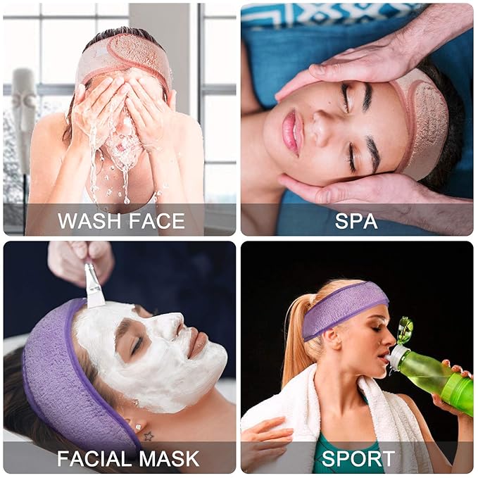 TailaiMei Spa Facial Headband – 3 Pcs Adjustable Makeup Head Wrap with Magic Tape, Sweat Hair Towel for Sport, Face Wash and Shower