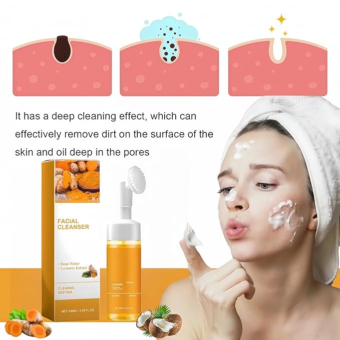 Turmeric Foaming Face Wash, Deep Cleansing Exfoliating Glow Wash Turmeric Facial Cleanser with Brush.(1Pcs)
