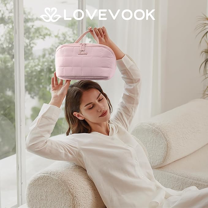 LOVEVOOK Travel Makeup Bag for Women, 2Pcs Puffer Waterproof Cosmetic Organizer, Large Capacity Pouch Open Flat Small Toiletry Bag with Brush Compartment & Handle (Pink-Checkered, Medium)