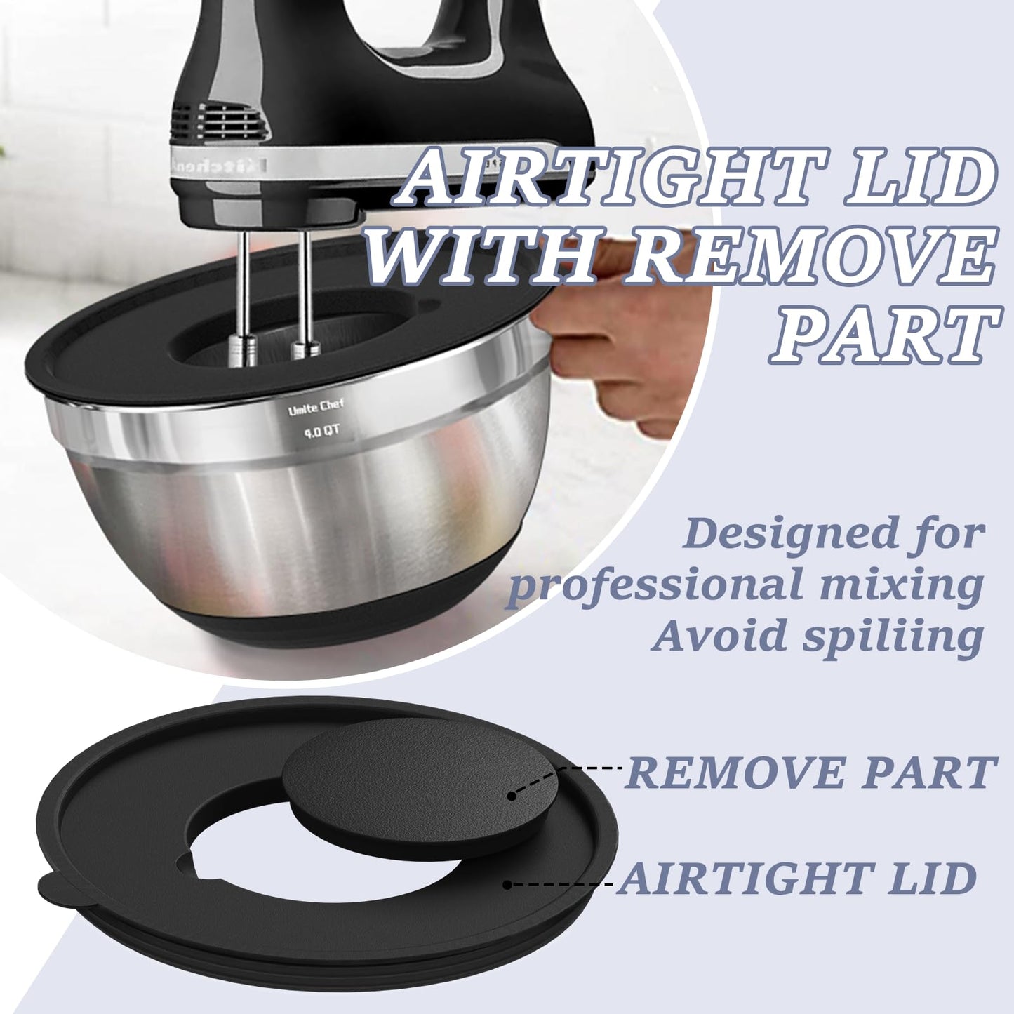 Umite Chef Mixing Bowls with Airtight Lids, 8PCS Stainless Steel Nesting Mixing Bowls Set, 3 Grater Attachments & Non-Slip Bottoms, Black Kitchen Bowls, Size 5, 4, 3.5, 2, 1.5QT for Baking & Serving