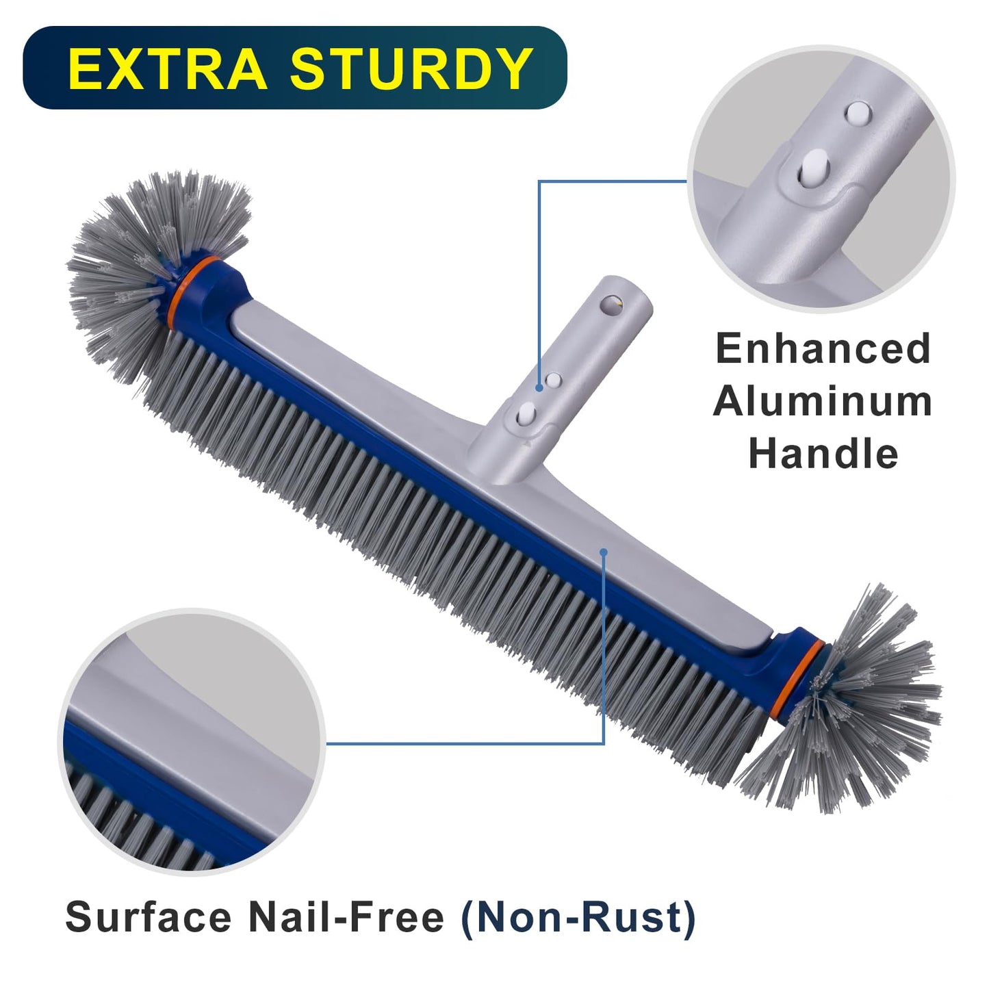 POOLAZA 360 Degree Pool Brush - Heavy Duty 17.5" Pool Brush Head for inground Pools/Above Ground Pools, Spa, Hot Tub, Premium Bristle & Aluminum Handle for Standard Pool Pole
