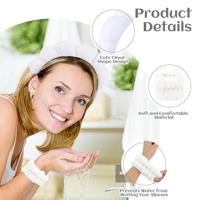 Spa Headband and Wristbands Set - 6 Pcs Terry Cloth Puffy Headbands for Skincare, Makeup Removal and Shower