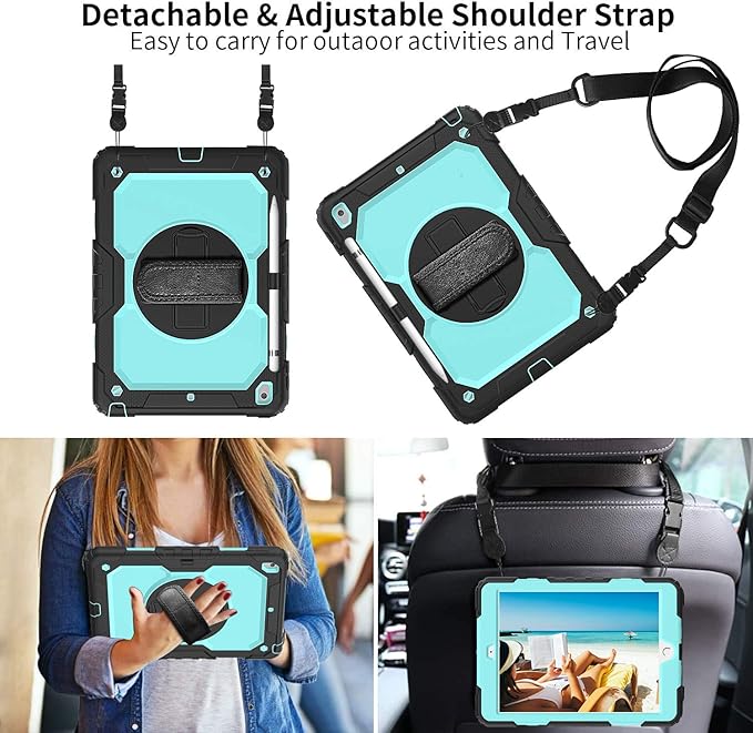 BLOSOMEET Case for iPad 9th/8th Generation 2021/2020 10.2 Inch with Tempered Glass Screen Protector & Pencil Holder,Rugged Kids iPad 7th Gen 10.2 Case 2019 Cover w/Stand Hand Shoulder Strap,SkyBlue