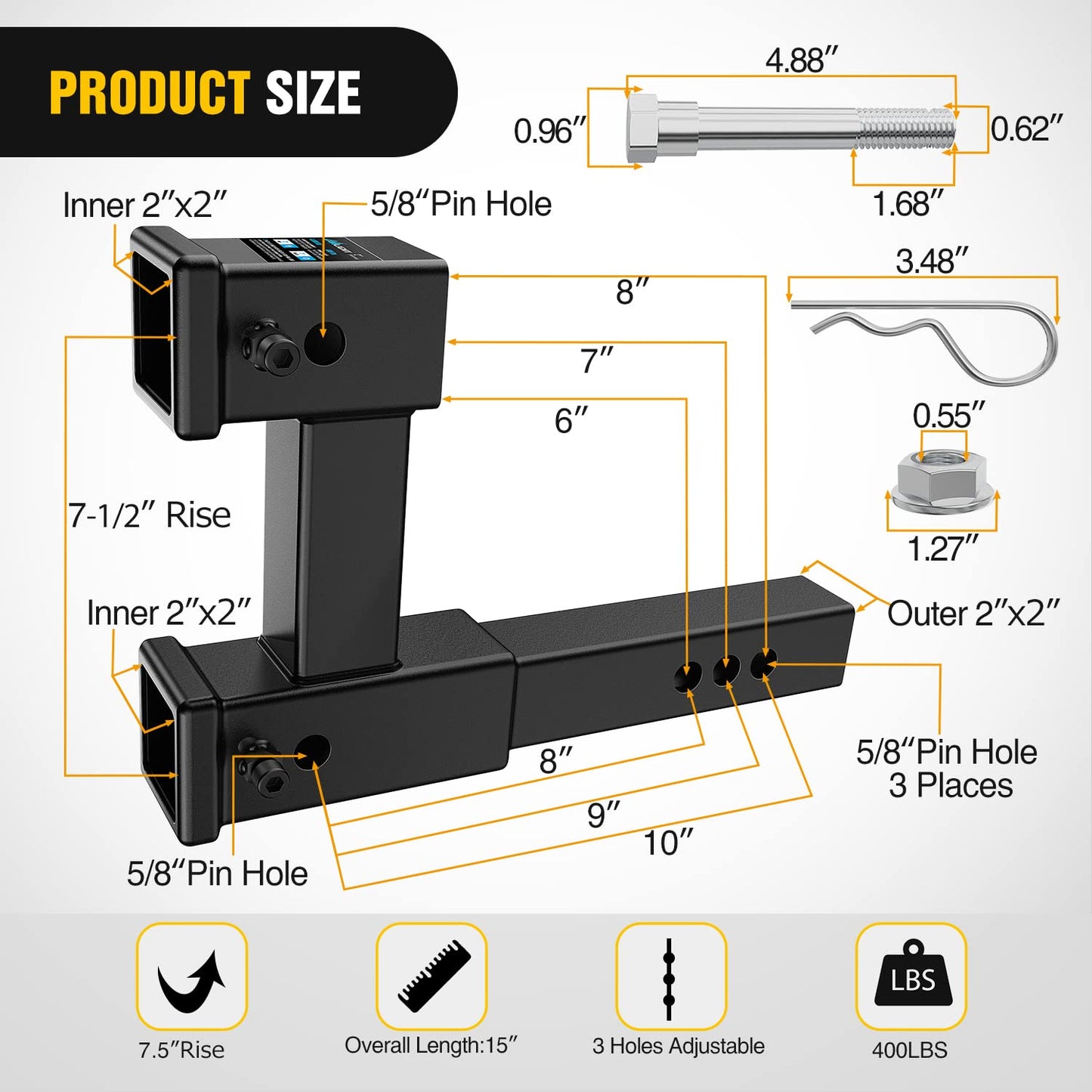 Nilight Dual Hitch Extension with Bolt Nut Kit Fits for 2 inch Receiver Extender to 10" Max Length Adjust 7-1/2 inch Riser or Drop 4,000 lbs GTW