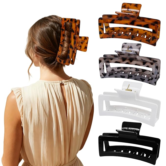 5 Inch XL Jumbo Claw Clips for Thick and Long Hair, 4-Pack Oversized Glossy Leopard Rectangle Hair Clips for Women, Strong Hold Non-Slip Jaw Clips, Dark & Light Leopard