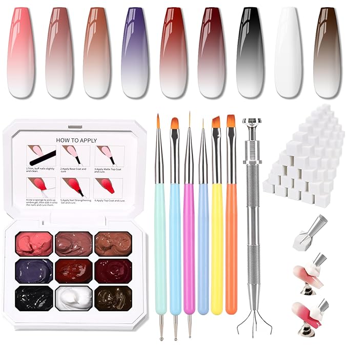 Christmas Gel Polish, 9 Colors Ombre Patting Gel Nail Polish Palette, 100 Sponges 6 Brushes 1Grabber, Blending Color Gradient Painting Nails Art, No Wipe, UV/LED Cured (Set 08)