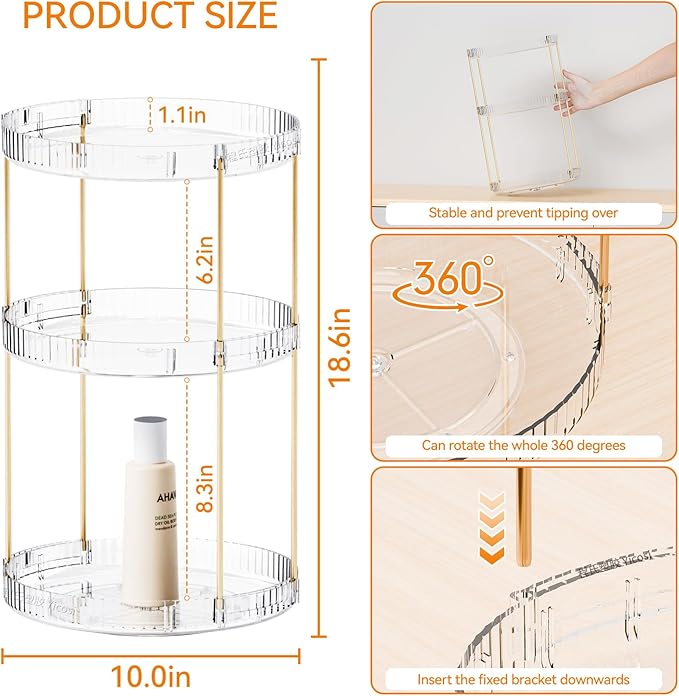 Yieach Acrylic 360 Rotating Makeup Organizer and Perfume Organizer,3 Tier Make Up Holder and Acrylic Skincare Organizers for Countertop,Vanity,Bathroom,Clear Spinning Beauty Organizer for Face Product