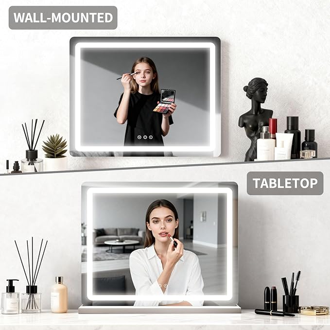ROLOVE 23x18 Inch Vanity Mirror with Lights, 3-Color Modes, Dimmable LED Mirror with Touch Control - Large Makeup Mirror for Dressing Room (Wall/Tabletop Mount)