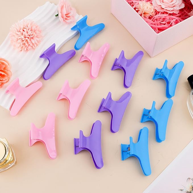 Hair Clips for Styling Sectioning 12 Pack Pink Purple Blue Butterfly Clamps Hair Claw Clips Pro Salon Hair Clips for Styling, Sectioning, Cutting and Coloring