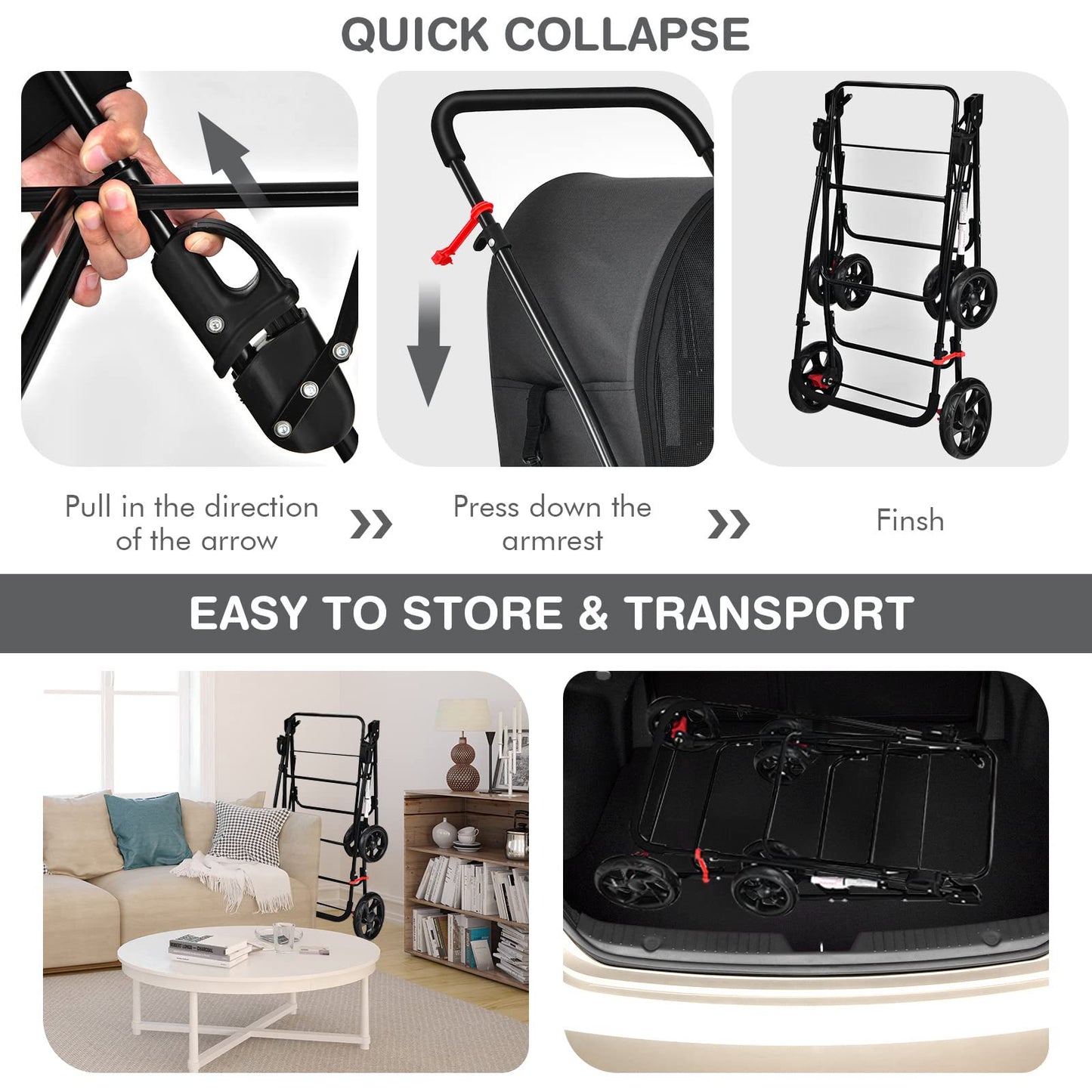 Giantex Double Pet Stroller with 2 Detachable Carrier Bags, Safety Belt, 4 Lockable Wheels, Folding Cat & Dog Stroller for Small Medium Pets, Cats Dogs Puppy Travel Strolling Cart (Black)