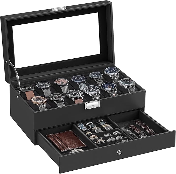 SONGMICS Watch Box, 12-Slot Watch Case Organizer with Large Glass Lid, 2 Layers, Removable Pillows, Metal Lock, Gift for Loved Ones, Black Synthetic Leather, Black Lining UJWB012B03