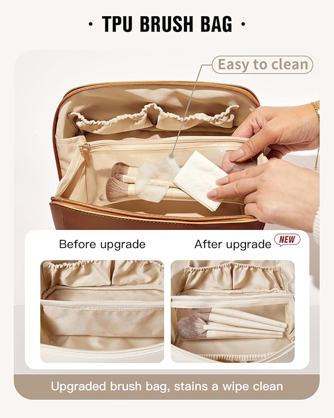 EACHY Travel Makeup Bag, Large Capacity Cosmetic Bag for Women, Waterproof PU Leather, Flat Open Portable Toiletry Bag for Skincare, Brushes & Travel Essentials