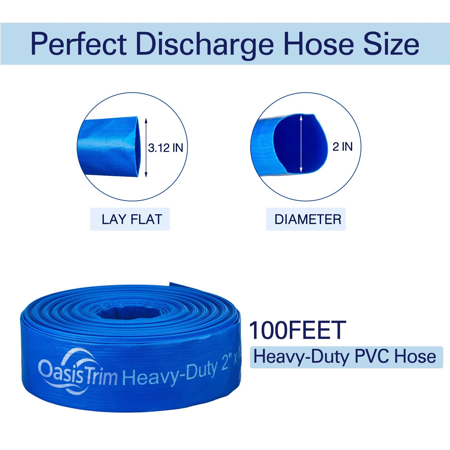 OasisTrim 2" x 100FT Pool Backwash Hose, Heavy-Duty Pool Hose, Lay Flat Discharge Hose, Durable Burst Resistant, Pool Filter Pump Water Drainage, Sump Pump Discharge, with 2 Clamps
