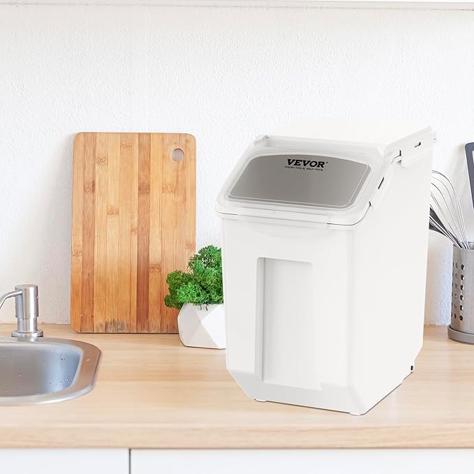 VEVOR Ingredient Storage Bin, 2 x 15L Dispenser Bin with 2 Measuring Cups, Attachable Casters and Airtight Lid, 2 Pcs/Set Dog Pet Food Storage Container, PP Material Kitchen Rice Cereal Flour Bin