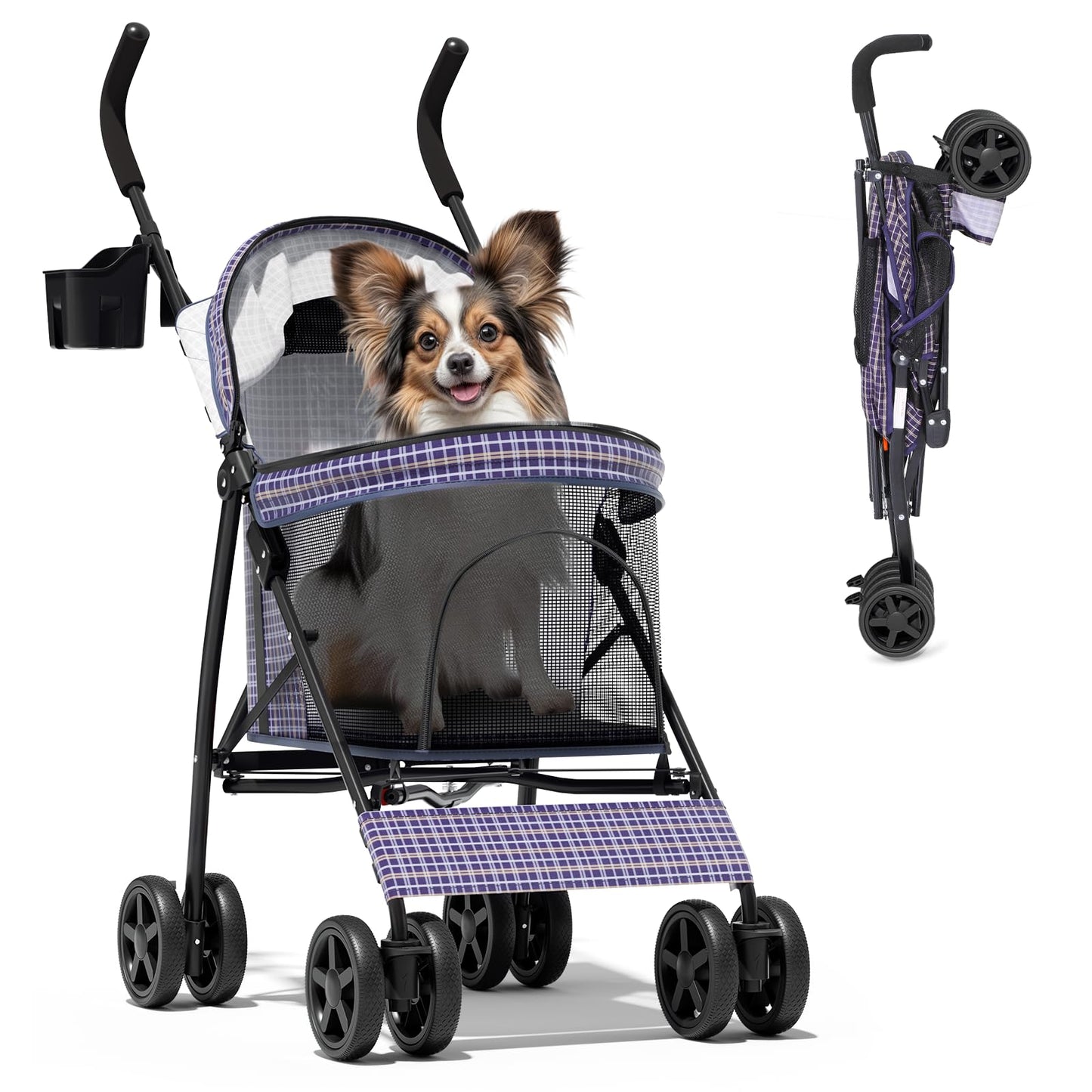Magshion Compact Pet Stroller for Small-Medium Dogs/Cats up to 22lbs, 4-Wheel Lightweight Umbrella Shaped Portable Puppy Travel Jogger with Breathable Mesh, Cup Holder & Rear Storage, Plaid