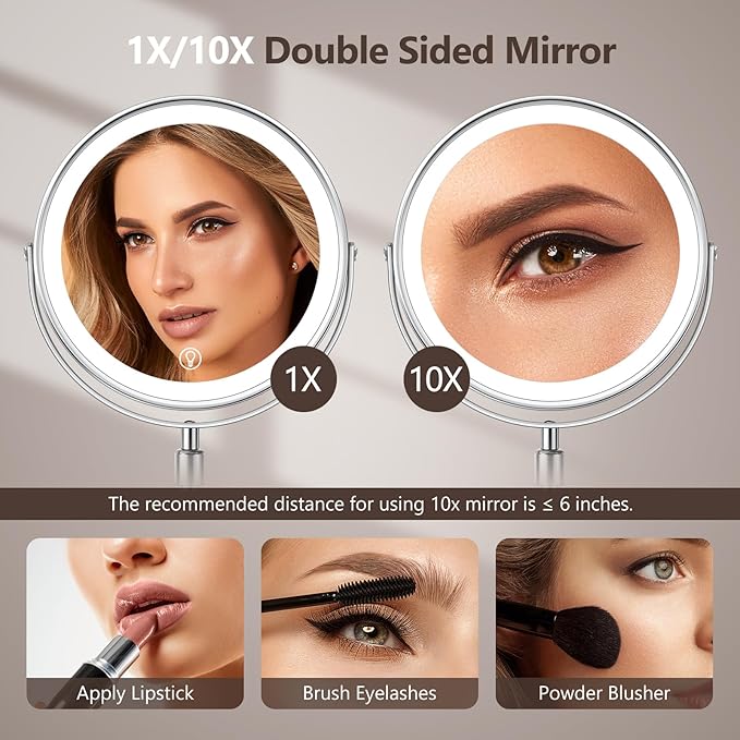 Lighted Makeup Mirror, Rechargeable Height Adjustable Double Sided, 1x/10x Magnifying with 3 Color, Brightness Adjustable, 360° Rotation Vanity, Gift for Women