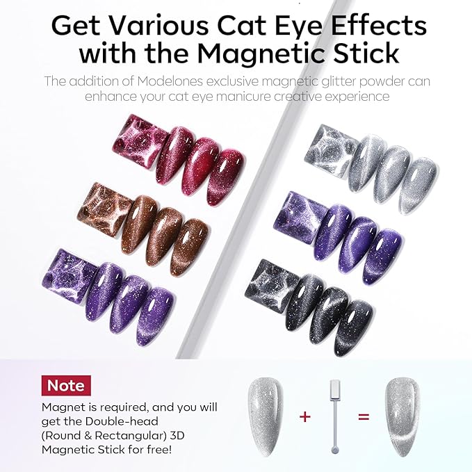 modelones Cat Eye Gel Nail Polish Set, 6 Colors Winter 9D Glassy Cat Eye Glitter Gel Polish Black Red Purple Blue Silver Brown Nail Polish with Magnet Soak Off LED DIY Salon Gift