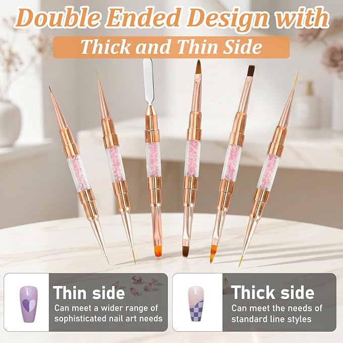 Dual-Ended Nail Art Liner Brushes(6PCS) - 5/7/10/15/19mm Precision Tips for Gel Polish Acrylic Painting, DIY Manicure and Cuticle Polish Mistake Correction