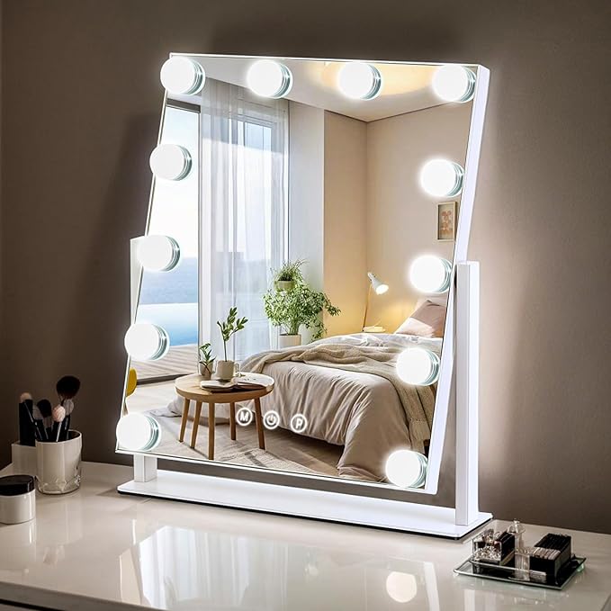 Vanity Mirror with Lights, 13'' x 11'' Lighted Makeup Mirror for Desk, Hollywood Mirror with 12 Dimmable Bulbs, 3 Color Modes, Smart Touch Control, 360°Rotation, Gifts for Women