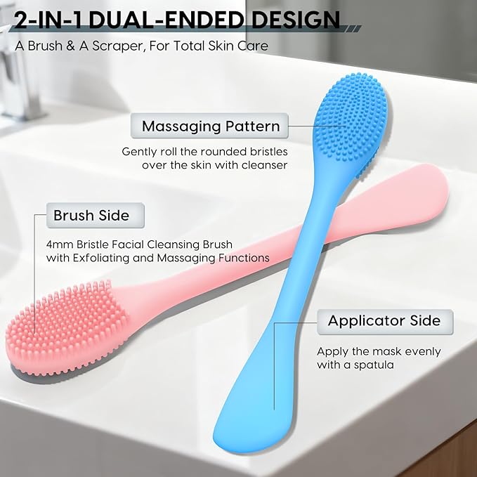 Silicone Facial Cleansing Brush - 2PC Double Ended Exfoliator for Deep Pore Cleaning, Blackhead Removal & Makeup Application - Soft, Hygienic & Waterproof Face Scrubber MassagerÃ¯Â¼ÂPink + BlueÃ¯Â¼Â