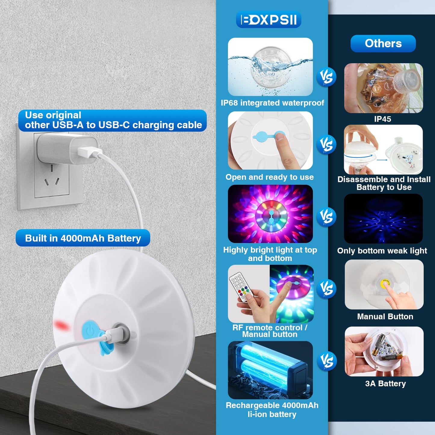 Floating Pool Lights(4 PACK), Pool Lights for Inground Pools with 6 Dynamic Lighting Effects, Rechargeable IP68 Waterproof RGB Upper and Lower Color Changing Pool Lights that Float for Hot Tubs