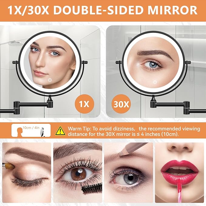 Auxmir 1X/30X Wall Mounted Lighted Makeup Mirror, 8" Rechargeable Double-Sided Magnifying Mirror with Light, Touch Dimmable 3 Color Light, 360° Rotation Foldable Extended Arm, Black