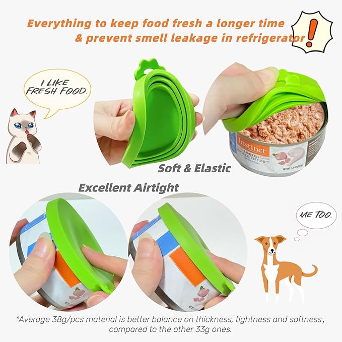 MoPawKT- Silicone Cat/Dog Food Can Covers Lids, Universal 3 Sizes Fit for 3oz, 5.5oz, 6.5oz, 13oz, 13.2oz Pet Food Cans, BPA Free, Reusable (set of 4 lids+1 scoop)