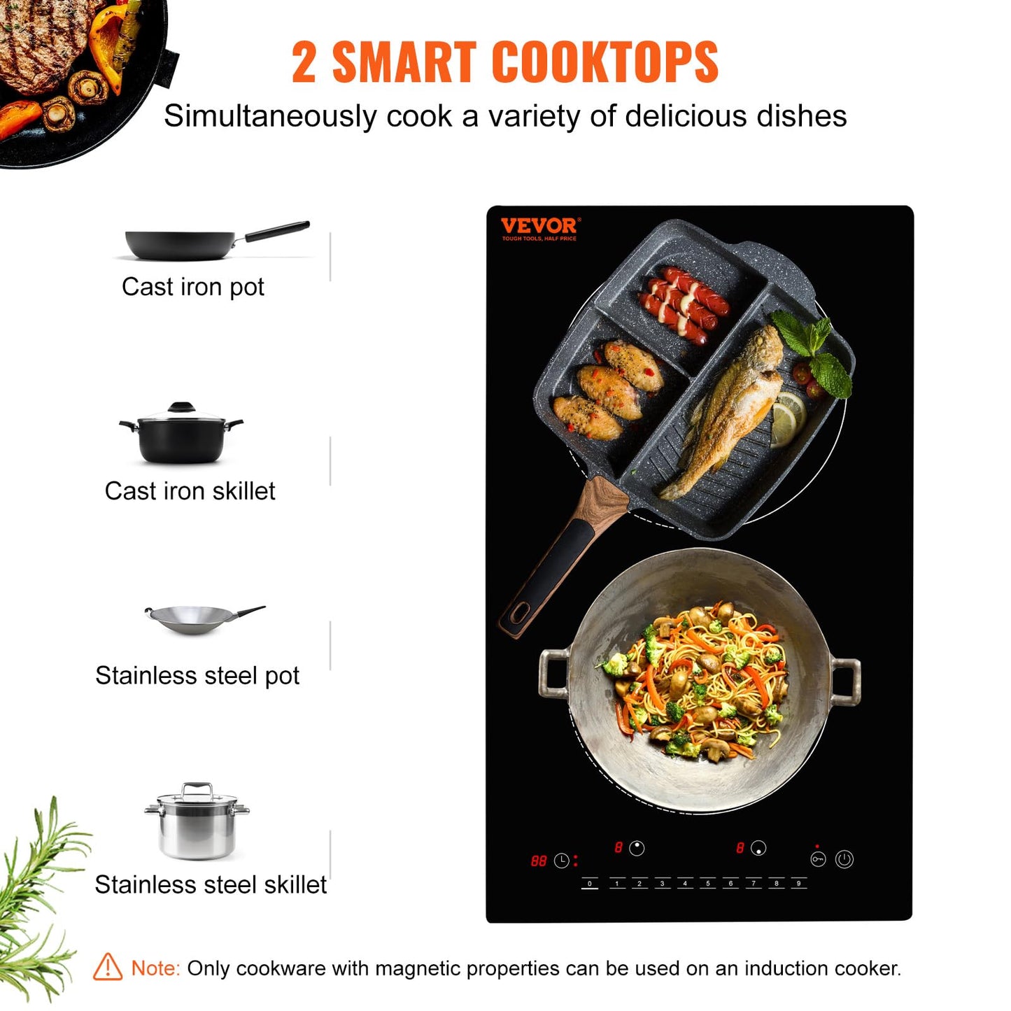 VEVOR Electric Cooktop, 2 Burners, 12'' Induction Stove Top, Built-in Magnetic Cooktop 1800W, 9 Heating Level Multifunctional Burner, LED Touch Screen w/Child Lock & Over-Temperature Protection