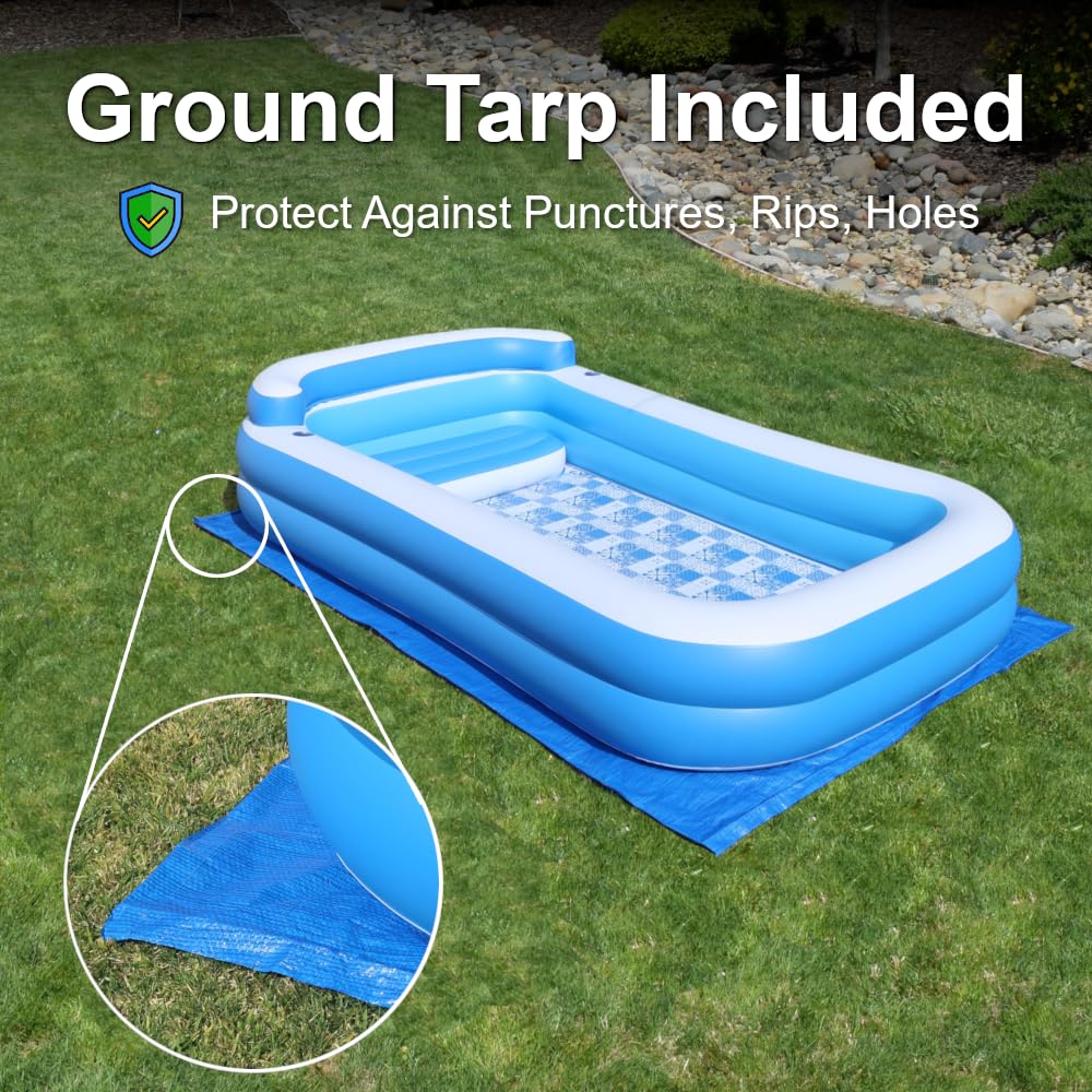 Inflatable Pool w/Bench Seat, 10ft x 6ft, Electric Pump & Ground Tarp Included - Fast Setup and Reinforced Seams