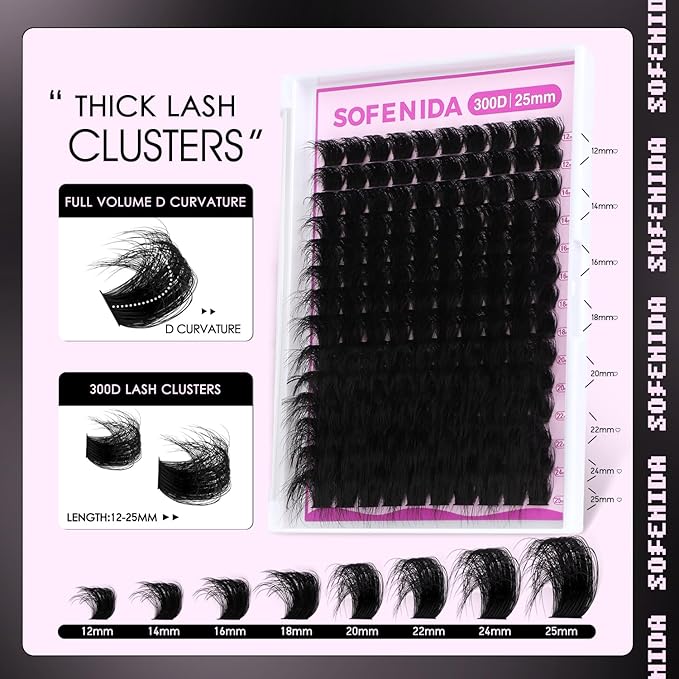 Lash Clusters 300D Volume Lash Clusters 12-25mm Long Volume Cluster Eyelash Extensions D Curvature Waterproof Eyelash Clusters Individual Cluster Lashes Soft Wispy DIY Lash Extension by Sofenida
