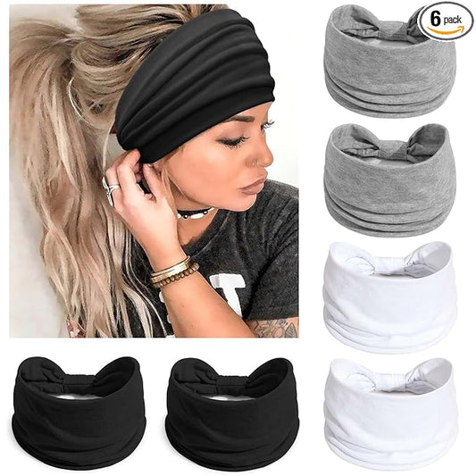 Awumbuk Wide Headbands for Women Knotted No Slip Head Bands Soft Turban Headband Hair Accessories Boho African Solid Color Head Wraps for Women Yoga Workout Pack of 6