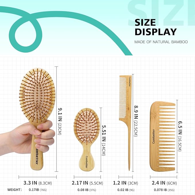 Combeter Bamboo Hair Brush and Comb Set (4PCS) Ã¢ÂÂ Natural & Eco-Friendly Detangler Comb for Women, Men & Kid, Reduces Frizz, Promotes Healthy Hair Growth Ã¢ÂÂ Wooden Paddle Brush with Scalp Massage
