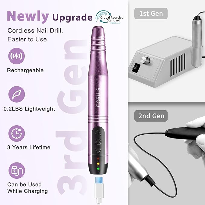 COSLUS C20 Cordless Nail Drill Electric File: Professional for Acrylic Gel Dip Powder Nails Portable Nail Drill Machine Kit for Manicure Pedicure Nail Set with Everything Rechargeable Lightweight