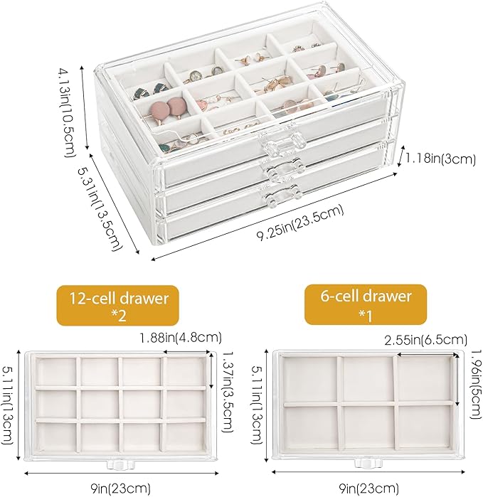 ProCase Earring Holder Organizer Jewelry Box with 3 Drawers, Acrylic Clear Earring Case with Adjustable Velvet Trays for Women - Warmwhite, 3 Layers