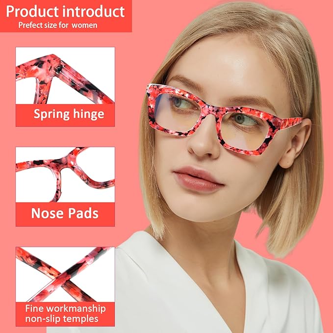6 Pack Oprah Style Reading Glasses for Women Blue Light Blocking Computer Square Readers with Spring Hinge (Mix Color-7, 1.5, x)