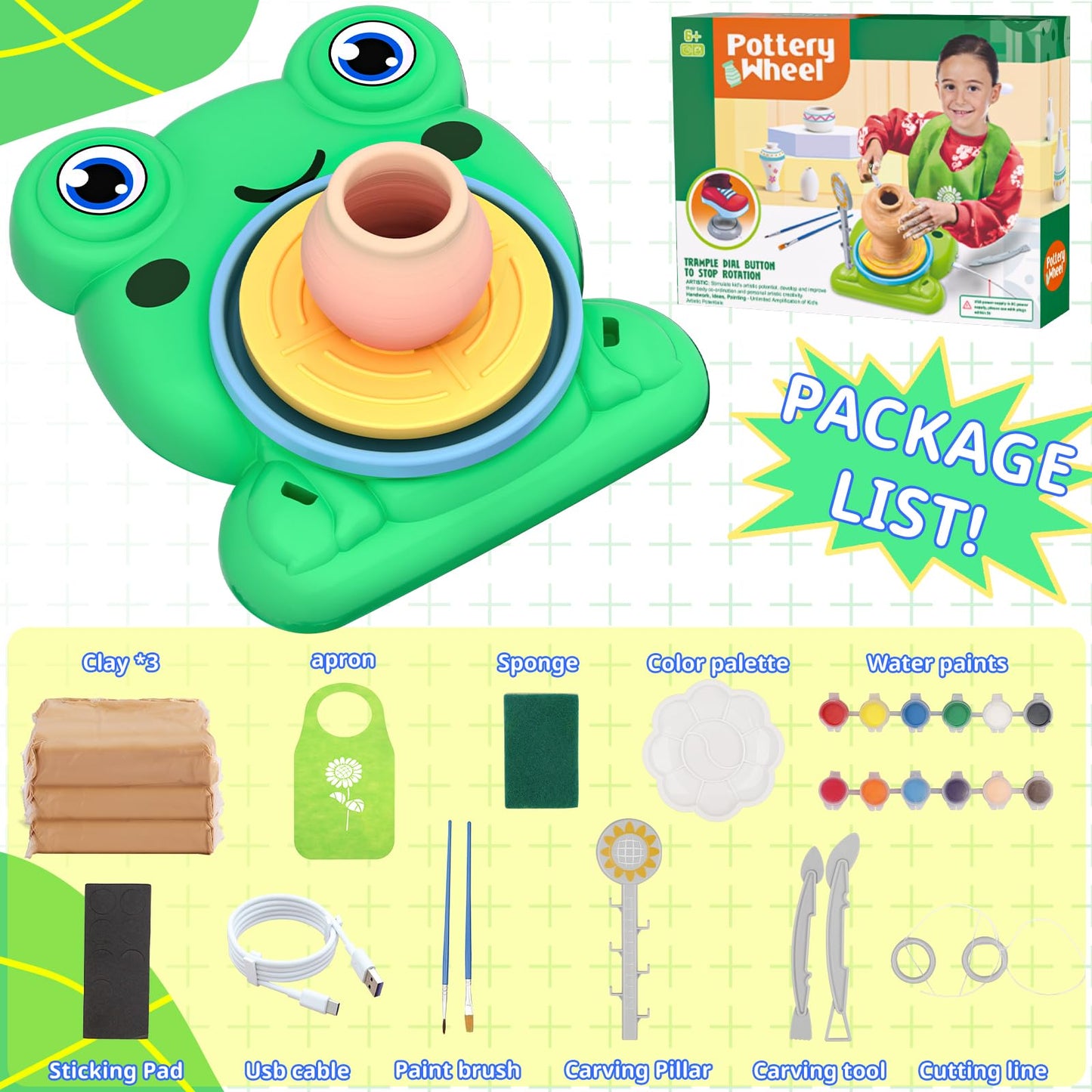 Pottery Wheel for Kids - Complete Pottery Painting Kit Arts and Crafts for Kids Ages 8-12 with 3 Pack Air Dry Clay Art Supplies Toys for Girls Boy Birthday Gift for 6 7 8 9 10 11 12+