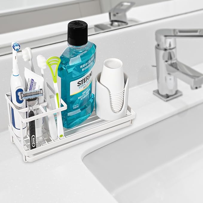 Toothbrush Holders for Bathrooms, Carbon Steel Tooth Brushing Holder Electric Toothbrush and Toothpaste Organizer Bathroom Accessories for Countertop, Shower, Sink - White