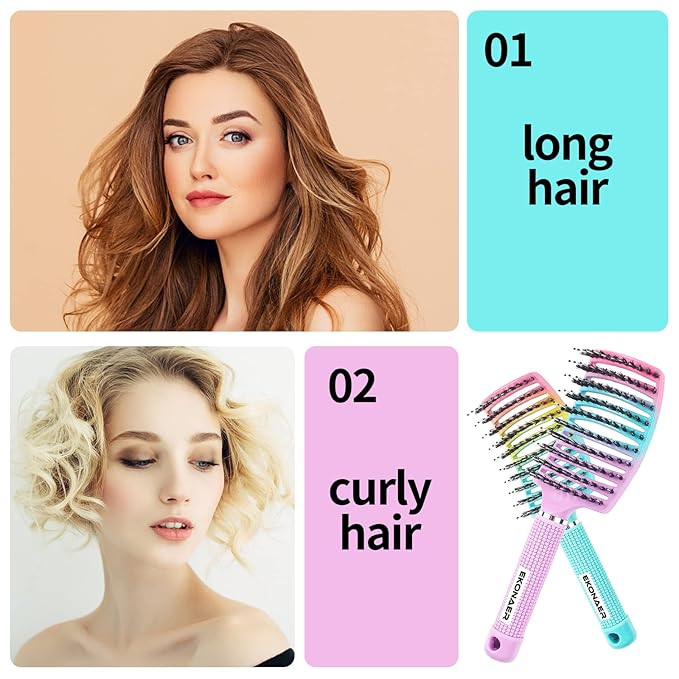 2 Pack Detangling Brush Getting Knots Out without Pain Adds Shine and Makes Hair Smooth,Detangler Boar Bristle Hair Brush for Adult & Kids Wet or Dry Hair(Green&Pink)