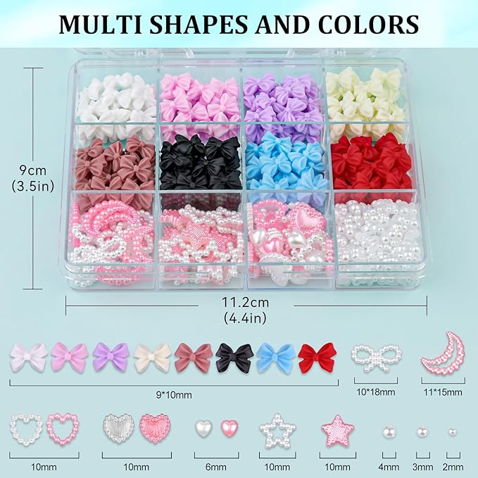 600 Pcs 3D Nail Charms and Flatback Pearls #4, 8 Colors Bow + Pink&White Star Heart Moon Cute Charms + 2-6mm White Pearls for Nail Art Design with Nail Charm Glue(UV Needed) and Pickup Tools